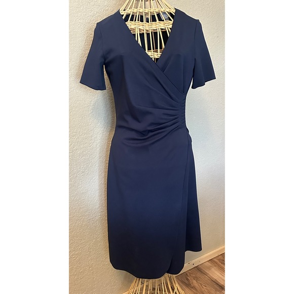Armani Collezioni Dresses & Skirts - Armani Collezioni Navy Blue Faux Wrap Ruched Sheath Dress Made in Italy 4 Luxe